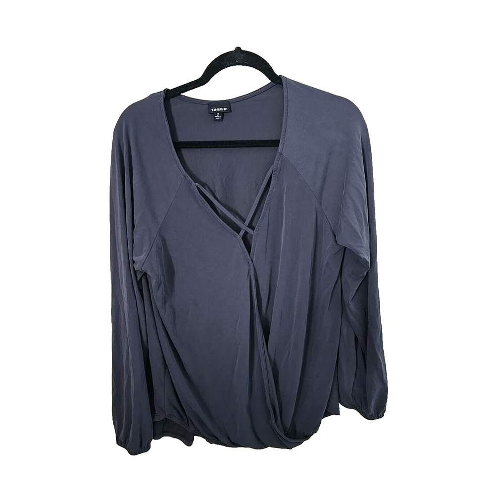 Torrid Navy Blue Surplice V-Neck Long Sleeve Faux Wrap Casual Top Womans Size 2x